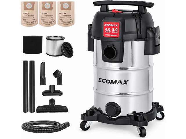 ECOMAX 8 Gallon Ultra Quiet Stainless Steel Shop Vacuum Wet and Dry