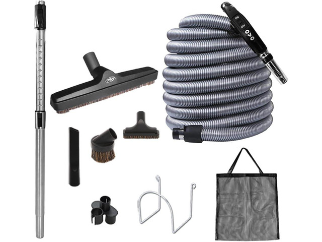 OVO Central Vacuum Deluxe, 35ft ON/OFF Low-voltage Hose, 12 premium floor brush, cleaning tools and easy storage accessories, For hard surfaces