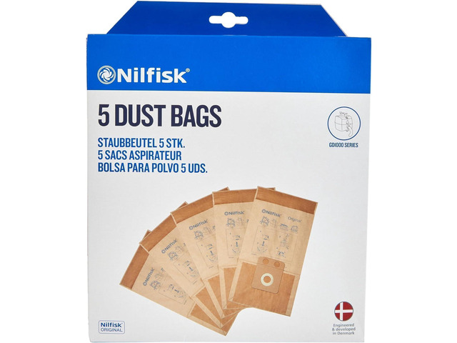 Nilfisk 82222900 Set of Five 10 Liter Dust Bags for use with GD, CDF and CDB Series Family and Business Vacuum Cleaners