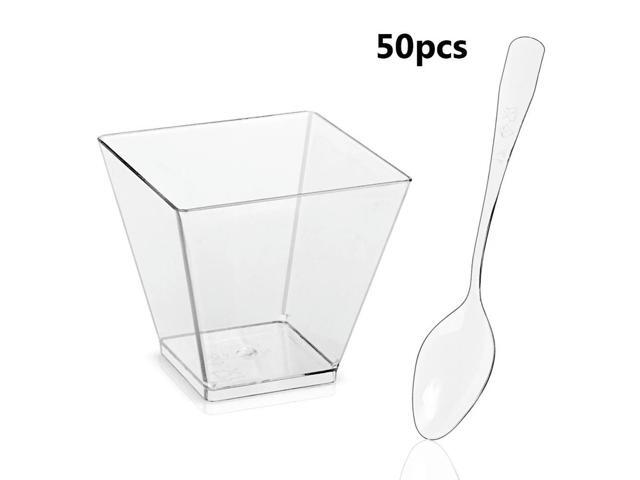 50Pcs Disposable Hard Plastic Transparent Gold Powder Mousses Dessert Appetizers Cup Spoons Lids Wedding Party Food Holder
