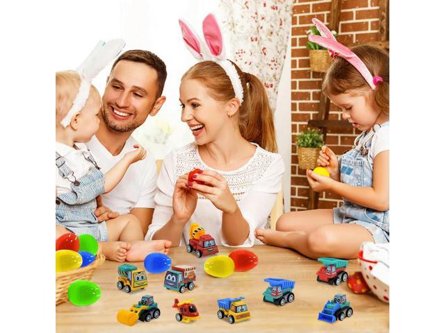 12Pcs Prefilled Easter Eggs Easter Basket Stuffers with Engineering Vehicles Inside Filled Easter Egg Gift for Kids Toddlers