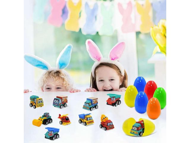 12Pcs Prefilled Easter Eggs Easter Basket Stuffers with Engineering Vehicles Inside Filled Easter Egg Gift for Kids Toddlers