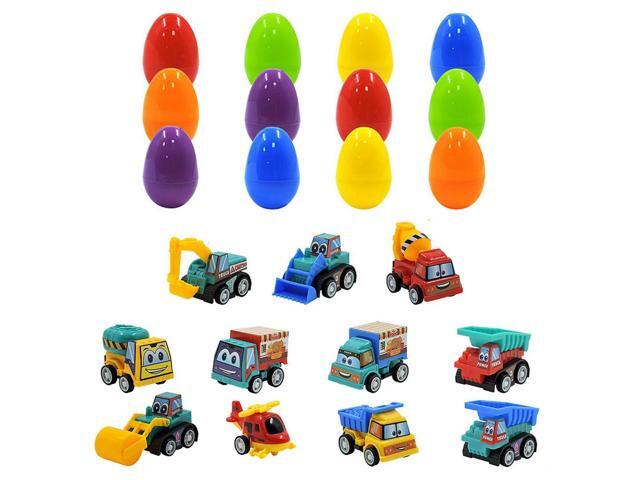 12Pcs Prefilled Easter Eggs Easter Basket Stuffers with Engineering Vehicles Inside Filled Easter Egg Gift for Kids Toddlers