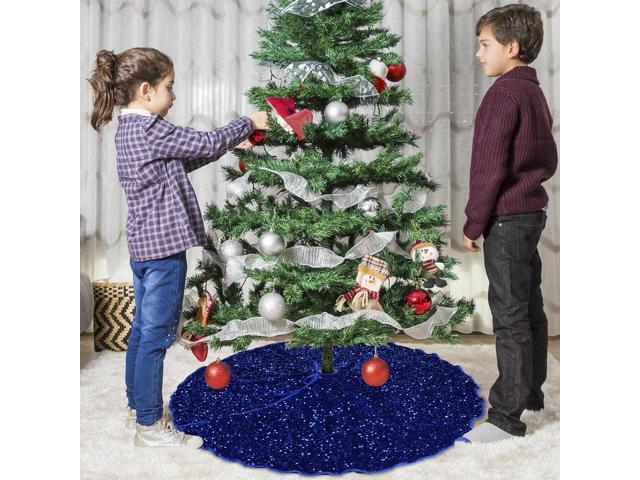 47.5in Christmas Tree Skirt Sequins Xmas Tree Carpet Round Blue Christmas Tree Skirt Shiny Tree Skirt for Merry Christmas Party