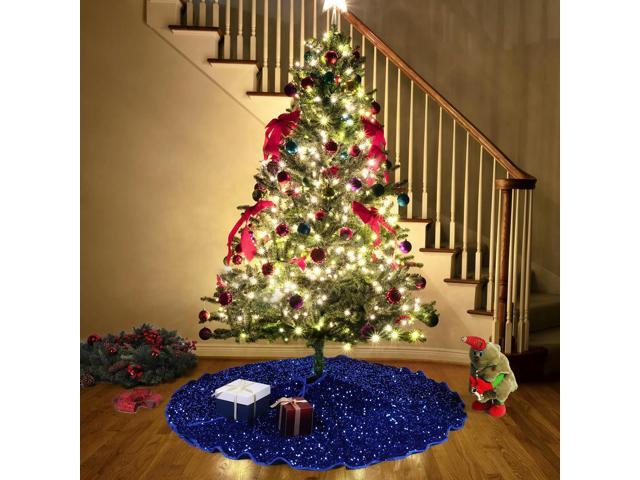 47.5in Christmas Tree Skirt Sequins Xmas Tree Carpet Round Blue Christmas Tree Skirt Shiny Tree Skirt for Merry Christmas Party