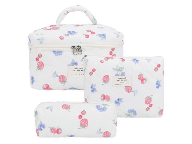 3Pcs Cute Quilted Cosmetic Bag Strawberry Print Quilting Bag Aesthetic Toiletry Purse Bathroom Shower Travel Bag