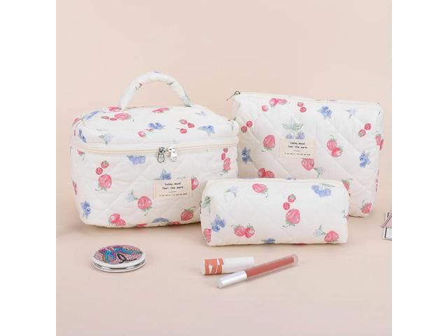 3Pcs Cute Quilted Cosmetic Bag Strawberry Print Quilting Bag Aesthetic Toiletry Purse Bathroom Shower Travel Bag