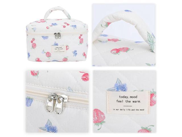 3Pcs Cute Quilted Cosmetic Bag Strawberry Print Quilting Bag Aesthetic Toiletry Purse Bathroom Shower Travel Bag