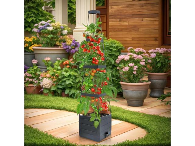 Raised Garden Bed Planter Box with Trellis Tomato Cage Planter Self-Watering Planter Box for Patio Greenhouse