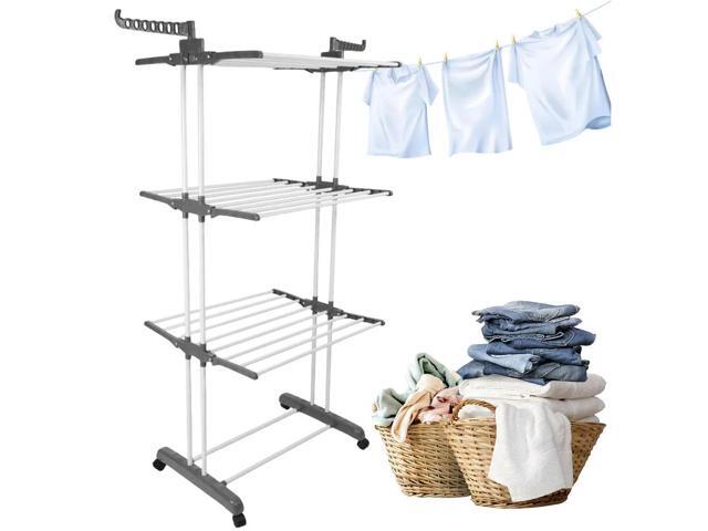 4-Tier Folding Drying Rack Free Standing Movable Laundry Rack with 4 Castors Clothes Horses Rack for Towels Clothes Shoes Linen