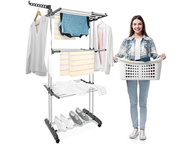 4-Tier Folding Drying Rack Free Standing Movable Laundry Rack with 4 Castors Clothes Horses Rack for Towels Clothes Shoes Linen