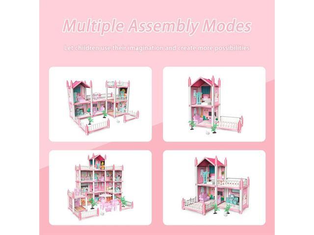 Lovely Doll House with 4 Dolls Pretend-Play DIY Dollhouse Kit 4-Story 11 Rooms Toy Figures Playhouse for Girls Birthday Gift