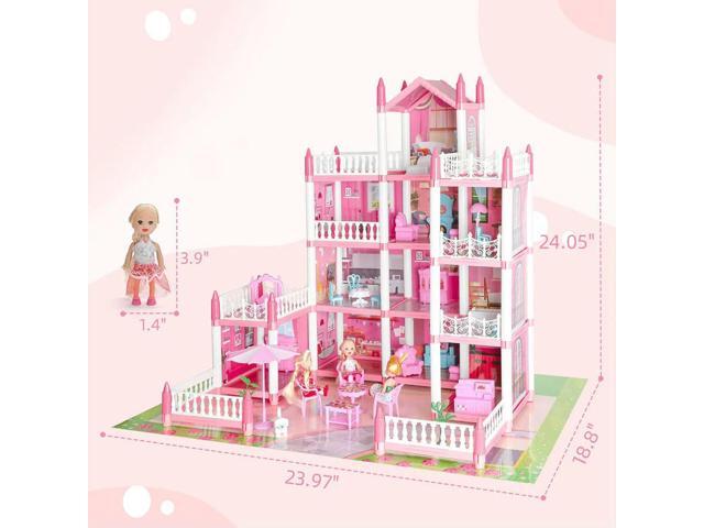 Lovely Doll House with 4 Dolls Pretend-Play DIY Dollhouse Kit 4-Story 11 Rooms Toy Figures Playhouse for Girls Birthday Gift