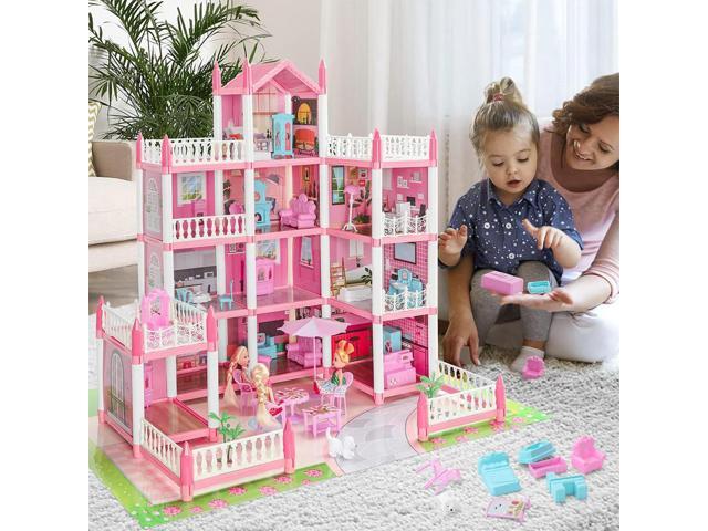 Lovely Doll House with 4 Dolls Pretend-Play DIY Dollhouse Kit 4-Story 11 Rooms Toy Figures Playhouse for Girls Birthday Gift