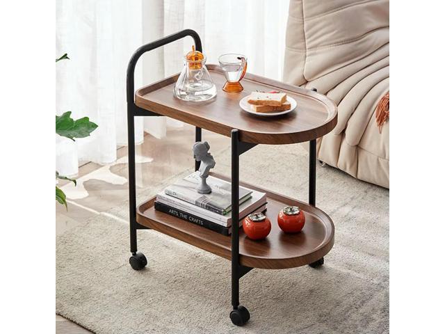 Walnut Wood Nordic Corner Table with Wheels Elegant Coffee Table Large Capacity Shelf for Reading Book Tea Vase