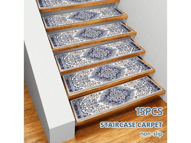15PCS Carpet Stair Treads Non Slip Indoor Stair Rugs Safety Mats Bohemian Stairway Carpet Rugs Safety Mats for Dogs Kids & Elder