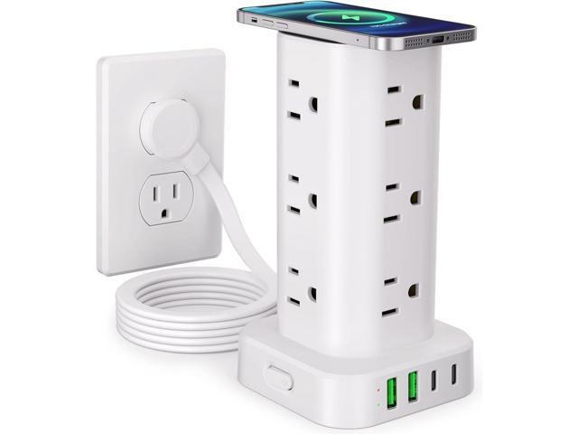 Power Strip Tower with Wireless Charger, Flat Plug Surge Protector Tower with 6FT Extension Cord, 12 AC Multiple Outlets, 4 USB (2 USB C),15W.