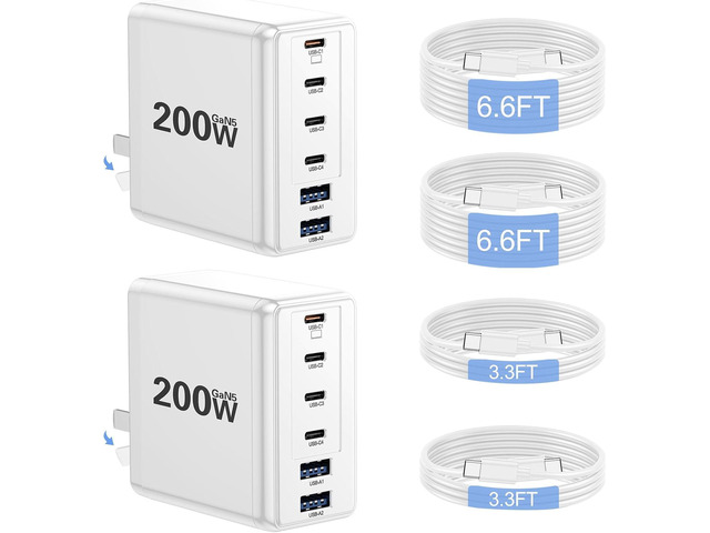 2 Pack 200W USB C Charger, Laptop Fast Charger, 6-Port Wall Charger Type C Charging Block Power Adapter for MacBook Pro, Dell XPS, iPhone 17, iPad,...