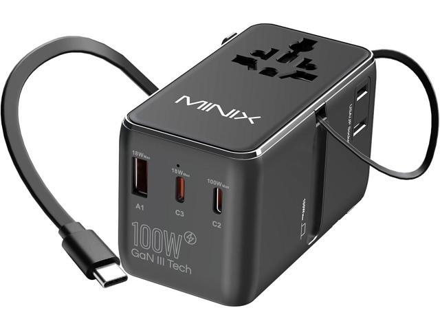 MINIX 100W Universal Travel Adapter with Retractable USB C Cable,GaN III International Power Adapter, Type-C*3 USB-A*1 Ports, AC Outlet, Worldwide...