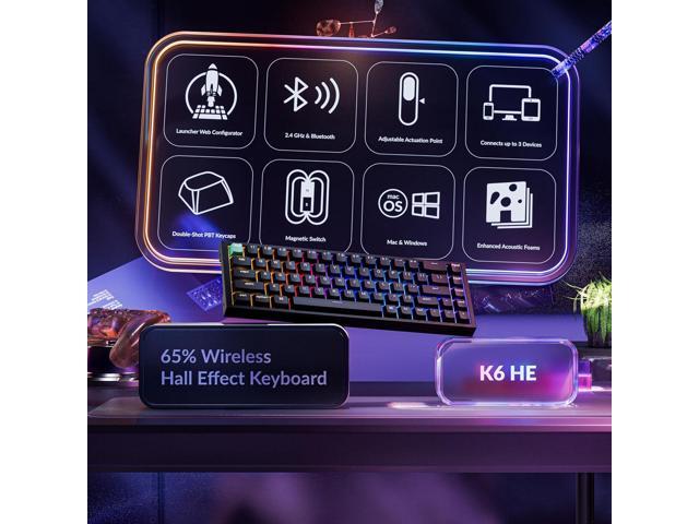 Keychron K6 HE 65% Wireless Mechanical Keyboard, 2.4GHz & Bluetooth, Gateron Double-Rail Magnetic Switch, Shine-Through PBT Keycaps, Aluminum...