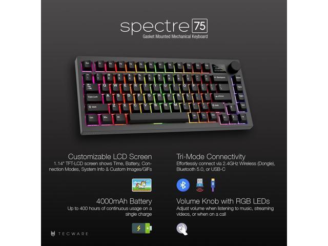 TECWARE Spectre 75 Mechanical Gaming Keyboard Customizable LCD Screen Display & Knob Tri-Mode Wireless Bluetooth 2.4GHz Gasket Mount Hot...