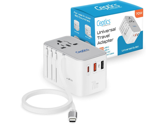 Ceptics GAN 70W Universal Travel Adapter with 65cm Retractable USB-C Cable, 2X USB-A (1x QC 3.0), 1x Type C Port (PD 70W), Universal Power Adapter...