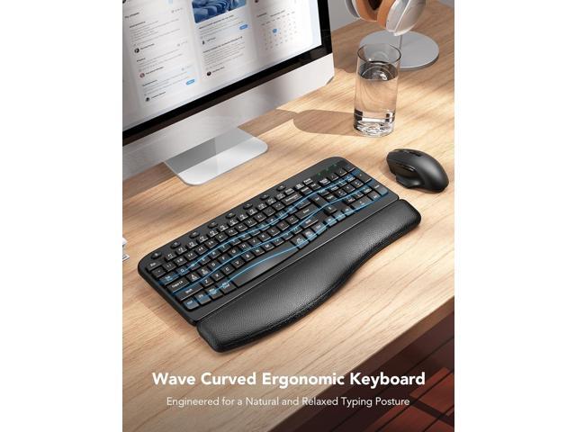 Wireless Keyboard and Mouse Combo Ergonomic Wave Key, Built-in Leather Soft Palm Rest, 2.4G Full Size, 8 Hotkeys, 6-Button Mouse with 4-Level DPI,...