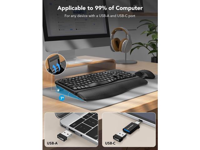 Wireless Keyboard and Mouse Combo Ergonomic Wave Key, Built-in Leather Soft Palm Rest, 2.4G Full Size, 8 Hotkeys, 6-Button Mouse with 4-Level DPI,...