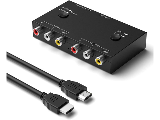2 Port RCA/AV to HDMI Converter Adapter Support 16:9/4:3 for WII/N64/PS1/PS2/PS3/VHS/VCR/DVD Players etc(2 AV in 1 HDMI Out)