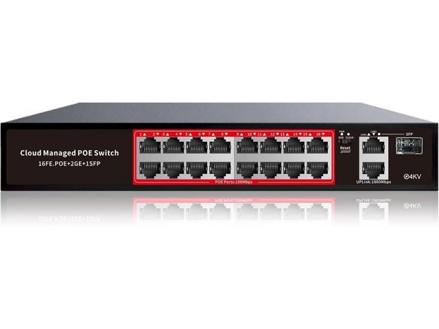 PoE Switch, 16 Port Managed POE+ Ethernet Switch(16 POE+ Ports+2 Gigabit Uplink,1 x 1.25G SFP), 240W Built-in Power, Support VLAN, QoS, Fanless.