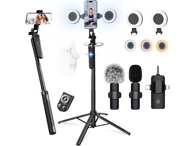 71' Content Creator Essentials Vlogging Kit - 2 Lights & 2 Mics, 360° Rotating Auto Face Tracking Tripod for iPhone/Android/Camera with Wireless...
