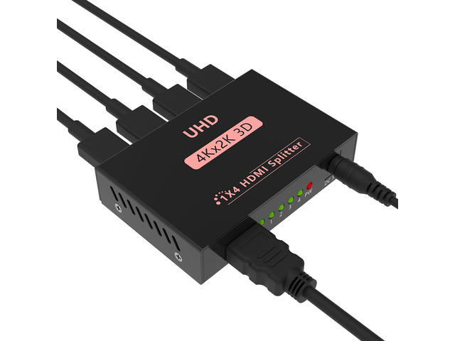 Sprolink LK5-H104 HDMI Splitter 1x4 Powered w/AC Adapter, 4K@30Hz 3D Full HD 1 in 4 Out Distributor for Fire TV Stick, PS5, HDTV, Xbox, Gaming Monitor