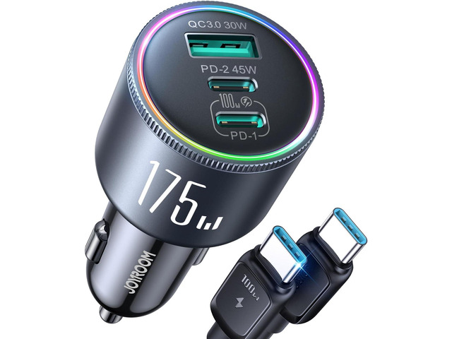 JOYROOM 175W Car Charger USB C Fast Charge, 3-Port Super Fast Car Charger [GaN] PD100W+PD45W+QC30W, Car Cigarette Lighter USB Charger with 100W...