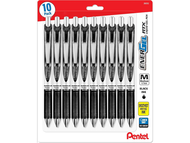 Pentel Energel 0.7 mm RTX Retractable Black Ink Pens - Medium Point, Metal Tip Pack of 10
