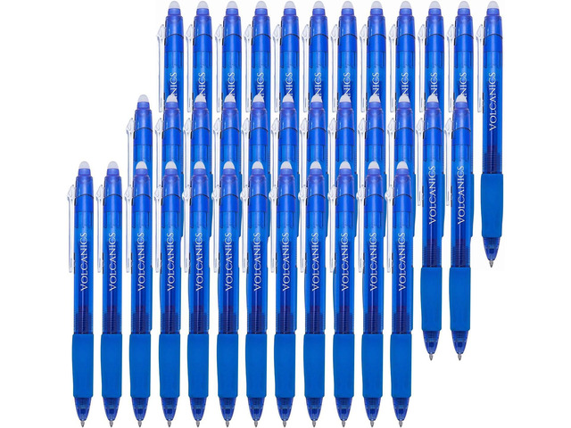Volcanics Retractable Clicker Erasable Gel Pens - 0.7mm Ball Point, Heat Erase with Built-in Eraser, 36 Pack Blue