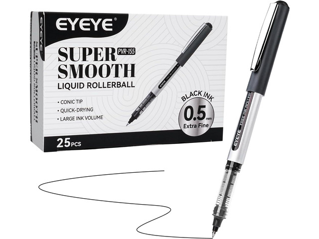 EYEYE 0.5mm Black Rollerball Pens 25 Pack, Extra Fine Point Roller Ball Pen Quick Dry, Liquid Ink Pens Fine Point Smooth Writing Pen for...