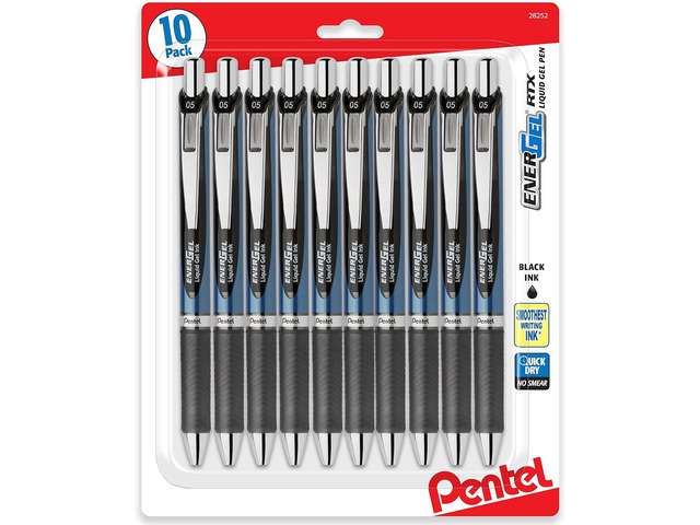 Pentel Energel 0.5 mm, Black Needle Tip Pens - Rtx Retractable Pack of 10 Pens