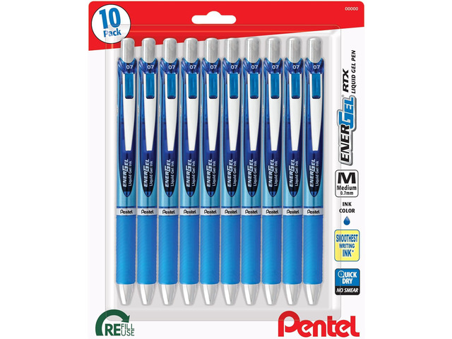 Pentel EnerGel RTX Retractable Premium Liquid Gel Pen, (0.7mm) Needle Tip, Ultra Smooth, Medium Line, Blue Ink 10 Pack, BLN77BP10C