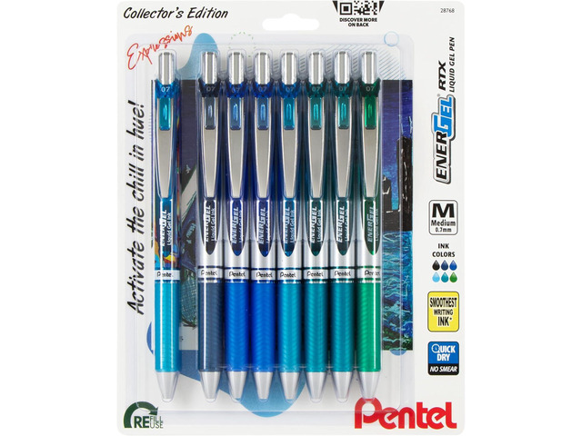 Pentel EnerGel RTX Retractable Liquid Gel Pen, Chill Expressions Pack, 0.7mm, Metal Tip, Medium Line,Assorted Ink, Pack of 8 Pens (BL77XCHIBP8M)