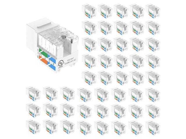VCE Cat6 RJ45 Keystone Jacks UL Listed 50-Pack, Punch Down Ethernet Wall Jack 90-Degree Adapter in White with 1-Pack Wire Stripper Cutter