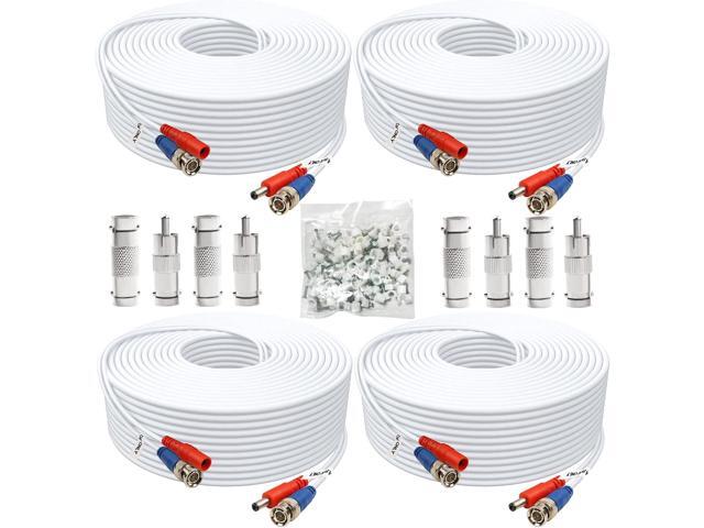 150ft 4 Pack BNC Video Power Cable for CCTV Systems - Includes 8 BNC Adapters & 100 Cable Clips - White