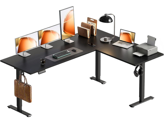 63 Inch Reversible L Shaped Electric Standing Desk, Height Adjustable Corner Stand up Desk, Ergonomic Large Lift Computer Table for Home, Office,...