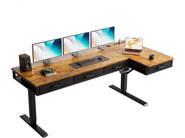 63 Inch L Shaped Electric Standing Desk with Drawers, Height Adjustable Large Desk with Power Outlets, Sit Stand Table, Writing Computer Desk for...