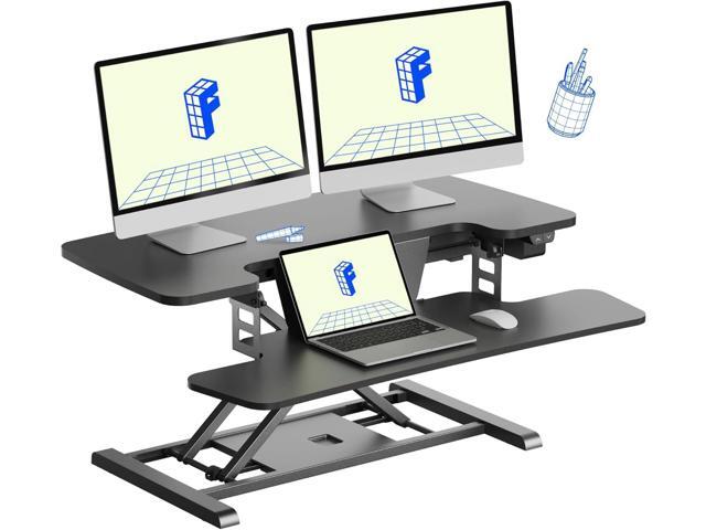 35 inch Electric Standing Desk Converter, Motorized Stand up Desk Riser, Monitor and Laptop Workstation with Wide Keyboard Tray, Black