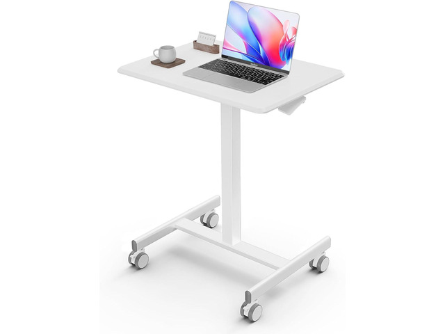 Mobile Small Standing Desk, Portable Rolling Laptop Desk with 2 Lockable Wheels, Adjustable Height Computer Workstation for Home Office, 19 Inch White