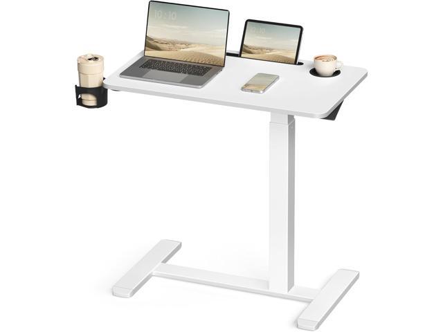 Overbed Table with Wheels, Mobile Standing Computer Desk, 27.6 x 15.7 Inches Tabletop, Adjustable Height, 2 Cup Holders, Phone and Tablet Slot,.