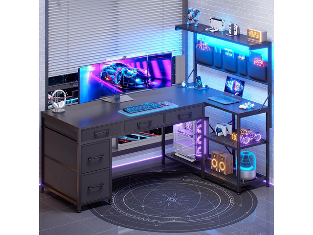 L Shaped Gaming Desk, 47.2' Reversible Small Computer Desk with 5 Drawers and Storage Shelves, Corner Gaming Desk with LED Lights and Power Outlet,...