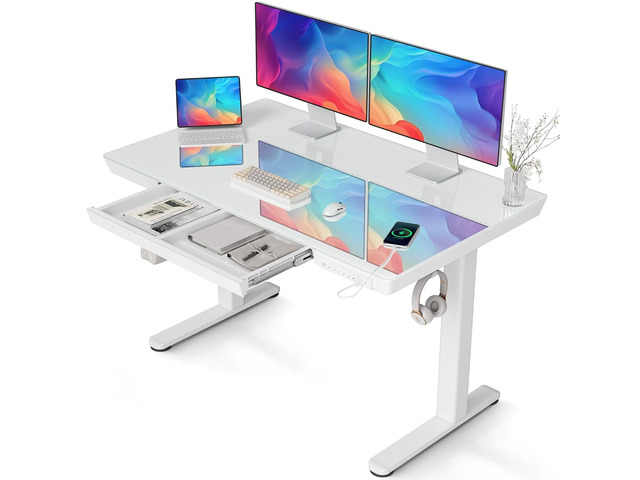 Claiks Glass Standing Desk with Drawers, 48×24 Inch Adjustable Stand Up Desk, Quick Install Home Office Computer Desk with USB Ports, White