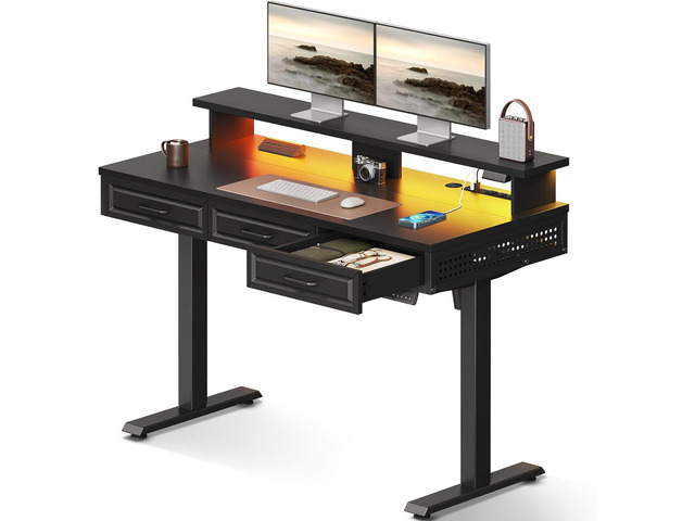 Electric Standing Desk with 3 Wooden Drawers, 48 Inch Height Adjustable Desk with Power Outlets & LED Lights, Black Sit Stand Table with Monitor...