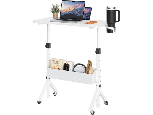Mobile Standing Desk with Wheels, Adjustable Height 28.3 to 46.1, Rolling Laptop Cart with Cup Holder, Storage Basket, Computer & Pen Slot, Home...